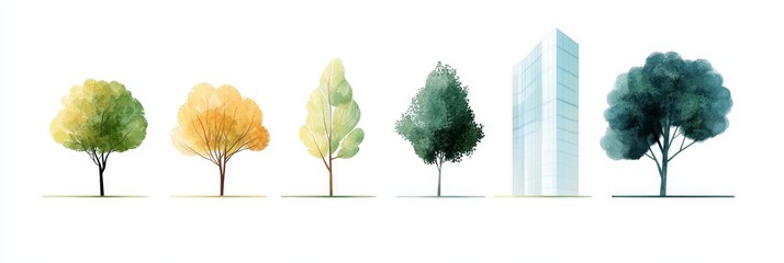 Watercolor painting of trees and a building, showcasing various seasons and urban nature.