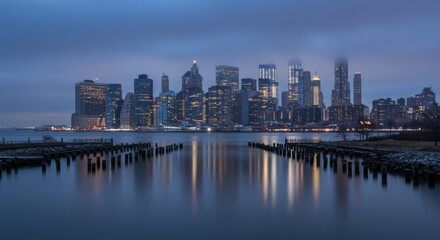 Obraz premium Dramatic evening skyline of new york city with reflective waterfront