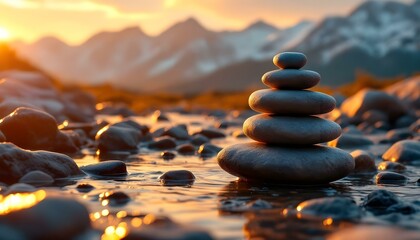 zen, stones, stacked, rocky, riverbank, golden, hour, light, glowing, mountain, range, reflecting, water, flowing, serene, tranquil, nature, harmony, balance, peaceful, meditative, scenic, outdoors, 
