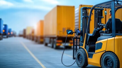 Naklejka premium Side view of an EV forklift charging next to a row of trucks