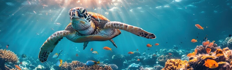 Fototapeta premium Turtle swimming in the ocean with many fish, travel concept, banner, copy space