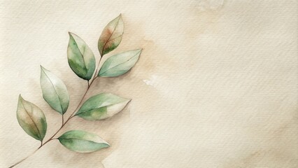 Elegant watercolor painting of a branch with green leaves on beige textured paper