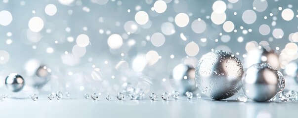 Droplets abstract background concept. A serene backdrop of silver ornaments with sparkling bokeh lights, creating a festive mood.