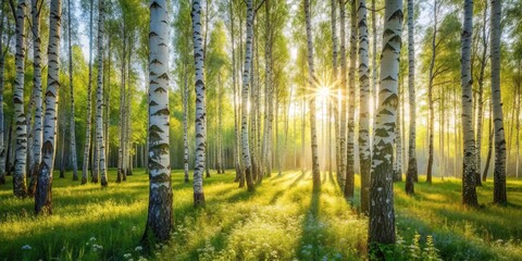 Obraz premium Sunlit Birch Grove at Dawn A Serene Landscape of Nature's Beauty