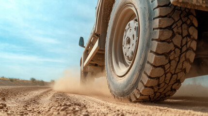 truck tire kicking up dust on dirt road, showcasing rugged terrain and adventure