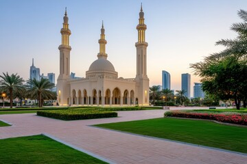 Elegant Mosque Amid Urban Landscape at Dusk with Lush Gardens and Palm Trees Providing a Tranquil Atmosphere in a Modern City Setting