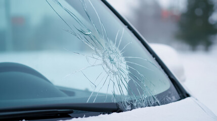 Cracked windshield with delicate frost s in snowy landscape