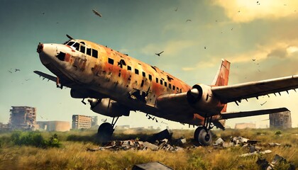 Obraz premium Abandoned Passenger Plane Crash in Post-Apocalyptic Landscape