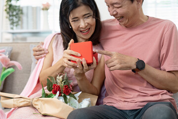 Joyful Senior Couple Celebrating Valentine's Day with Gift Exchange and Flowers at Home