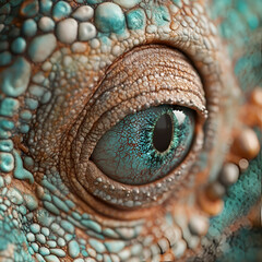 Fototapeta premium Detailed macro shot of a chameleon’s eye with intricate textures and vibrant colors, exotic reptile photography 
