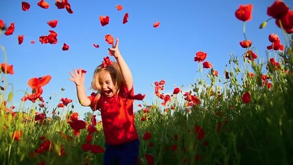 Happy kid enjoying spring. Child baby in spring meadow of blossom poppy flowers. Little kid and summer play nature. Baby throwing poppy petals. Spring vibes. Emotional kid portrait.
