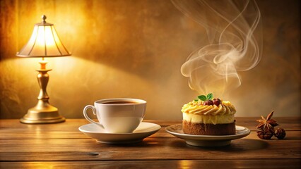 Obraz premium Warm Evening Ambiance A Steaming Cup of Coffee and a Delicious Dessert on a Wooden Table Beside a Table Lamp