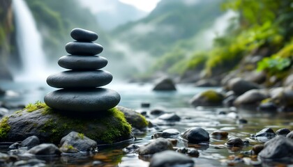 zen, stones, stacked, moss, rock, waterfall, gentle, mist, rising, mountain, range, lush, background, serene, tranquil, harmony, nature, balance, peaceful, meditative, scenic, outdoors, natural, calm,