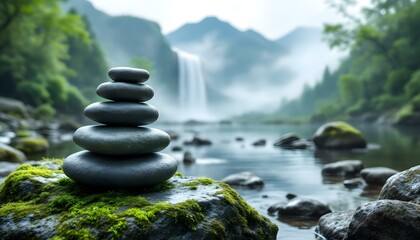 zen, stones, stacked, moss, rock, waterfall, gentle, mist, rising, mountain, range, lush, background, serene, tranquil, harmony, nature, balance, peaceful, meditative, scenic, outdoors, natural, calm,