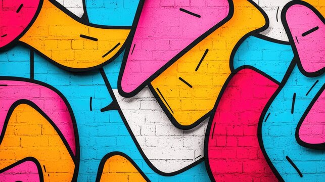 Graffiti abstract background idea. Vibrant street art featuring bold colors and abstract shapes on a brick wall.