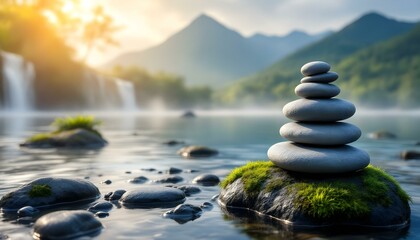 zen, stones, stacked, moss, rock, waterfall, gentle, mist, rising, mountain, range, lush, background, serene, tranquil, harmony, nature, balance, peaceful, meditative, scenic, outdoors, natural, calm,