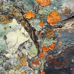 A rock covered in moss and lichen with a few orange flowers