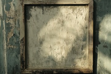 Naklejka premium Weathered Frame with Textured Background and Play of Light Creating Unique Shadows on Old Paint and Wood in a Rustic Setting