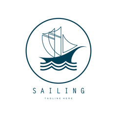 sea ​​wave sailboat logo and coconut tree on beach, for business, badge, company, vector