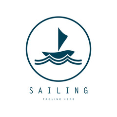 sea ​​wave sailboat logo and coconut tree on beach, for business, badge, company, vector