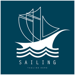 sea ​​wave sailboat logo and coconut tree on beach, for business, badge, company, vector