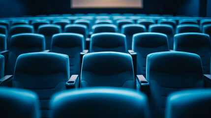 Obraz premium Empty blue movie theater seats in a modern cinema, minimalistic interior design, rows of comfortable chairs 