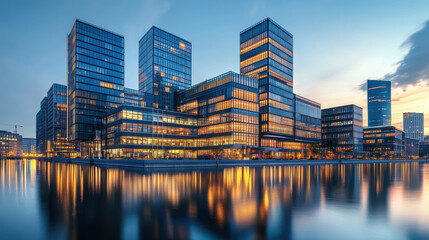 Modern office buildings with glass facades in the city center at dusk. Blue sky, reflections on the water, and an urban landscape