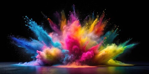 Vibrant explosion of multicolored powder against a dark background, showcasing a dynamic and energetic burst of color.
