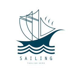 sea ​​wave sailboat logo and coconut tree on beach, for business, badge, company, vector
