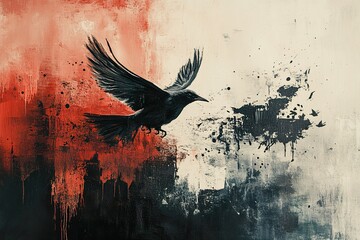 Abstract Painting of a Black Bird in Flight