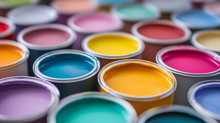 Close-up of colorful open paint cans arranged neatly