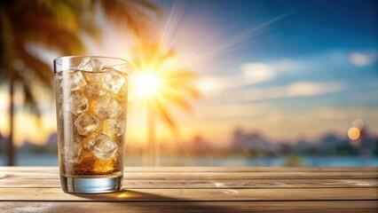 Refreshing Iced Beverage on Wooden Table at Sunset