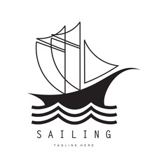 sea ​​wave sailboat logo and coconut tree on beach, for business, badge, company, vector