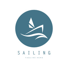 sea ​​wave sailboat logo and coconut tree on beach, for business, badge, company, vector