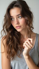 Fototapeta premium A beautiful young woman with long, wavy brown hair gazes thoughtfully to the side, her expression serene and introspective. The soft lighting highlights her delicate features, creating an atmosphere