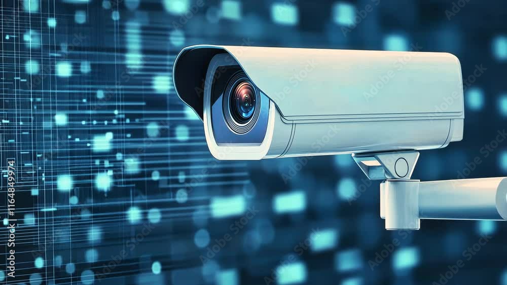 Poster high-tech security camera monitoring digital data streams and connections