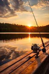 Serene Morning Fishing: Engaging with Nature's Splendor through a High-Quality Fishing Rod by the Lakeside