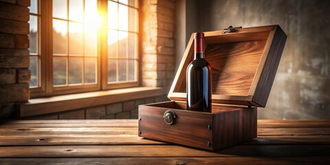 A bottle of red wine rests inside an open wooden chest on a rustic table, bathed in warm sunlight from a nearby window.