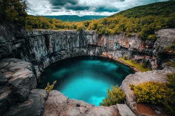 Serene View of an Abandoned Quarry Surrounded by Lush Greenery and Turquoise Water Under a Dramatic...