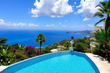 Infinity pool with tropical plants and coastal view.generative AI  
