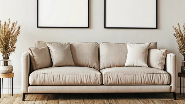 Modern Living Room with Beige Sofa and Stylish Decorative Elements