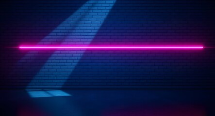 Obraz premium Black brick wall background rough concrete with neon lights and glowing lights. Lighting effect pink and blue on empty brick wall background, A dark brick wall illuminated by neon pink and blue lights