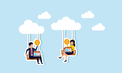 Businessman and businesswoman on swings hanging from clouds holding dollar coins and a laptop, illustration of a sharing session about marketplace business financial performance