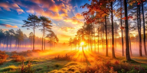 Obraz premium Golden Sunrise Illuminating a Misty Forest with Autumnal Hues