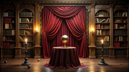Fototapeta premium An antique golden sphere rests on a draped table within a dimly lit, classical library, flanked by ornate bookshelves and lit candles.