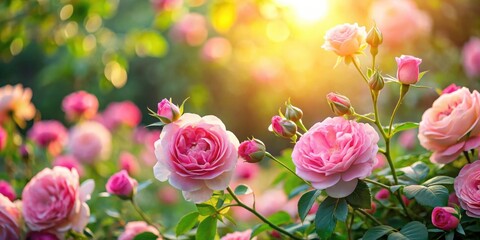 Fototapeta premium Pink roses bathed in the golden light of sunset, a vibrant floral display in a lush garden