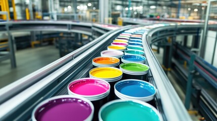 Conveyor belts transporting eco-friendly wall paint cans through automated packaging lines."
