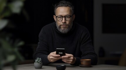 Entrepreneur Checking 2025 Goals on Foldable Smartphone in Office