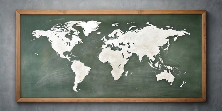 Fototapeta A hand-drawn world map on a green chalkboard within a wooden frame.