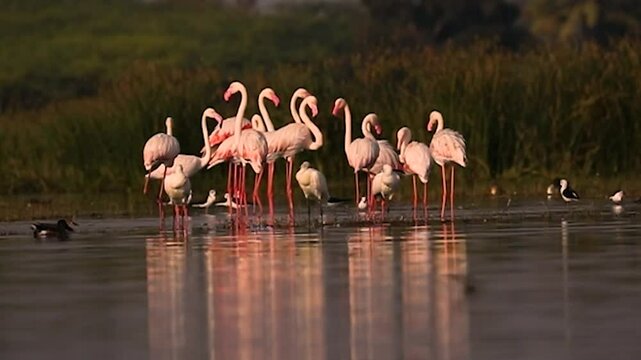 Greater Flamingos waded gracefully through the shallow waters of Bhigwan Lake Sanctuary along the Bima River coast, elegantly walking and searching for food, their vibrant pink plumage contrasting bea